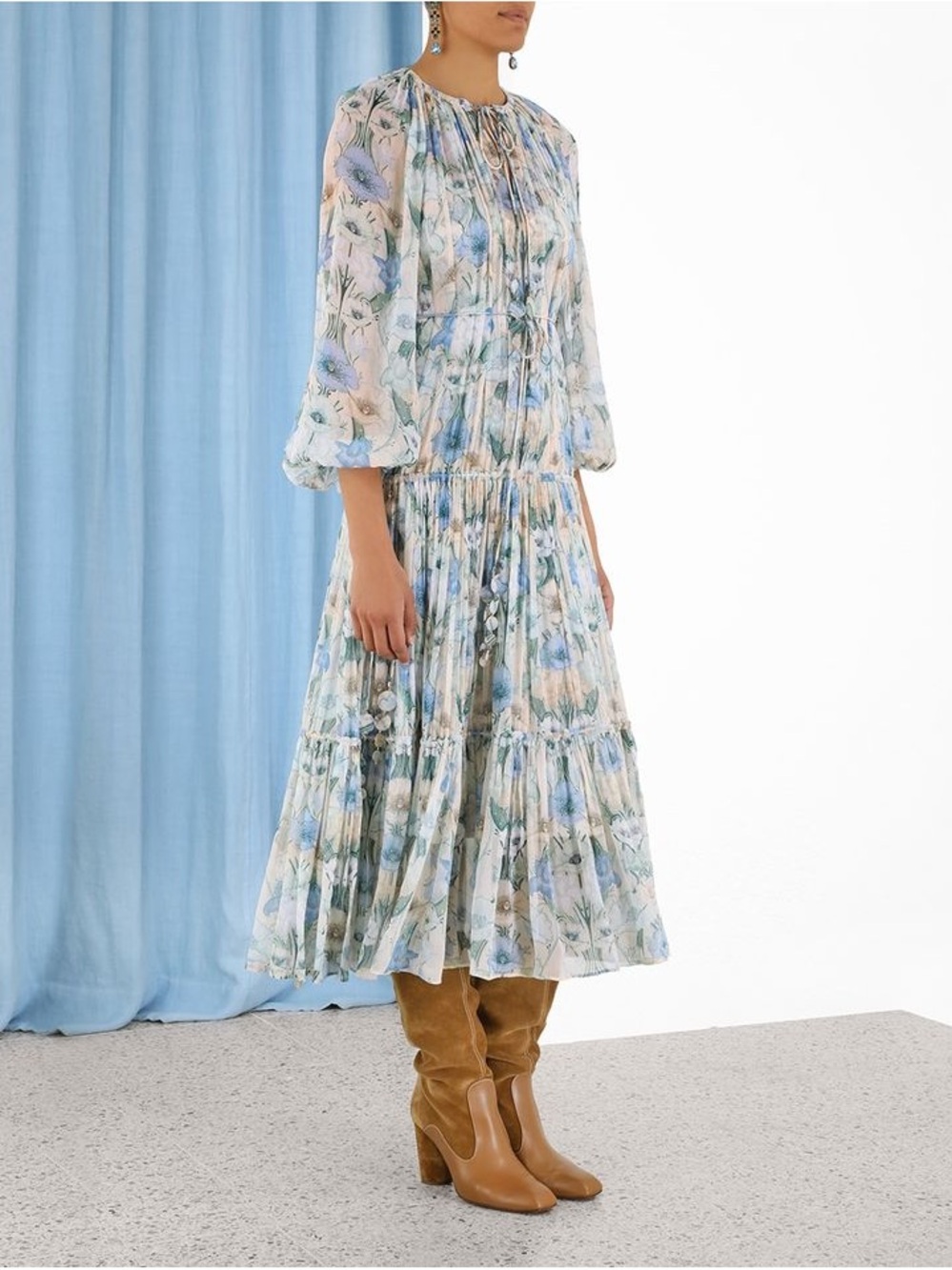 Zimmermann Rhythm Lantern Drawn Gown Cornflower Blue Cream Floral Maxi Dress